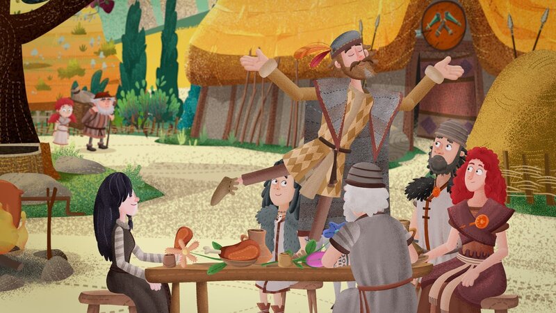 Als Leva mit Sebo auf den Dorfplatz kommt, tanzt ein Fremder auf dem Tisch. – Bild: KiKA/​Mideu Films/​MDR/​hr/​BR/​SWR/​WDR