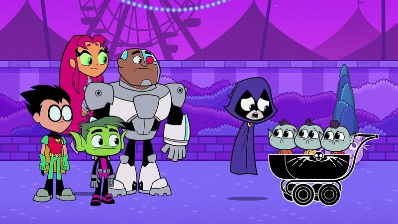 v.li.: Robin, Starfire, Beast Boy, Cyborg, Raven, Russ, Lyle, Suge – Bild: Warner Bros. Discovery