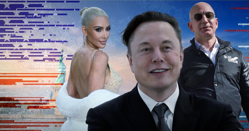 Sie sind die reichsten Menschen der Welt: die Gründer aus dem Silicon Valley. Aber auch in den alten Industrien, der Finanzwirtschaft oder der Entertainment-Branche wird viel Geld verdient (im Bild, v.li.: Kim Kardashian, Elon Musk, Jeff Bezos) – Bild: Tobias Lenz, Autorenkombinat /​ ZDF