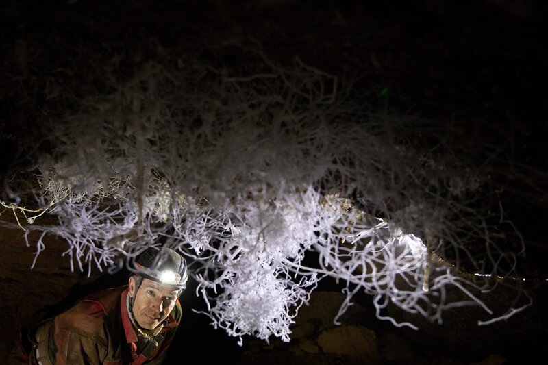 Dirk Steffens ist der siebte Mensch auf Erden, der dieses Naturwunder mit eigenen Augen sehen darf: die größte „Eisenblüte“ Europas, ein Aragonitkristall. Er wuchs verborgen in einer erst 2019 entdeckten Höhle, dem Windloch, in Nordrhein-Westfalen. – Bild: ZDF /​ Oliver Roetz