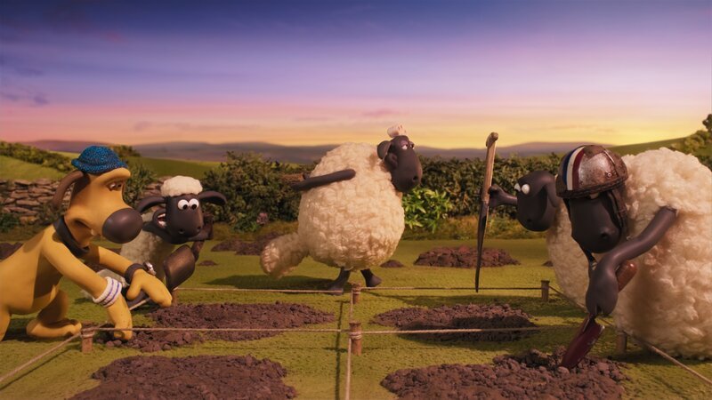 Die Schafe alle abgesteckten Stücke, um den Schatz zu finden. – Bild: WDR/​Aardman Animation Ltd.