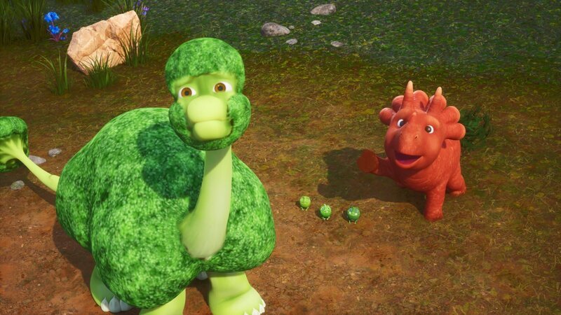 Das Trikarottops-Mädchen Ginger weiß, wie sie den traurigen Brokkoli-Saurier aufheitern kann. – Bild: ZDF /​ Cheeky Little Media