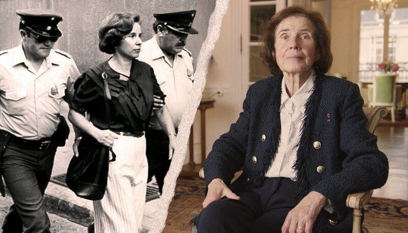 Die deutsch-französische Journalistin und Nazijägerin Beate Klarsfeld. Bildcollage: links: Beate Klarsfeld wird auf Nazijagd von chilenischen Polizisten abgeführt. Rechts: Beate Klarsfeld beim Interview. – Bild: BR/​Michael Maylandt