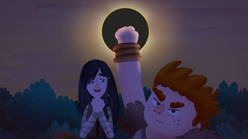 Brock (rechts) hat die Sonne verdunkelt. Kula ist begeistert. – Bild: KiKA/​Mideu Films/​MDR/​hr/​BR/​SWR/​WDR