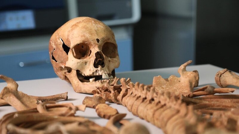 Das Vampir-Skelett, das im ländlichen Pie? in Polen gefunden wurde, wurde vor über 350 Jahren mit einer Sichel über dem Hals und einem Vorhängeschloss an einem Zeh bestattet, um die Leiche im Grab festzuhalten. – Bild: RTL /​ Caravan Media Ltd.