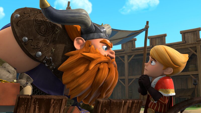 Wikingerchef Harald (l.) hat Prinz John (r.) im Verdacht, hinter der Stimme im Baumstumpf zu stecken. – Bild: Method Animation – ZDF /​ ZDF Studios