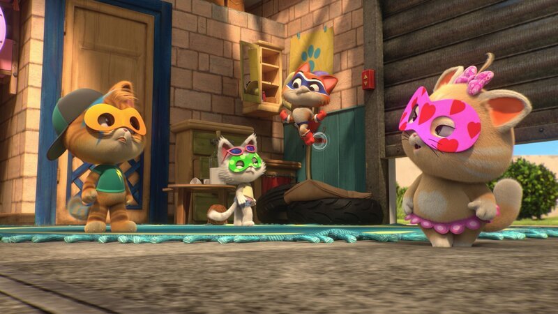 Snoogie (2.v.r.) ist die faulste Katze der Welt. Während die Buffycats herumtollen, schläft Snoogie lieber auf seiner Kuscheldecke. – Bild: Rainbow S.r.l.