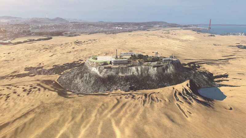 CGI of Alcatraz Island with waters drained away and Golden Gate Bridge in background. – Bild: PLURIMEDIA (Mallinson Sadler Productions Ltd/​Northern Sky Entertainment Ltd)