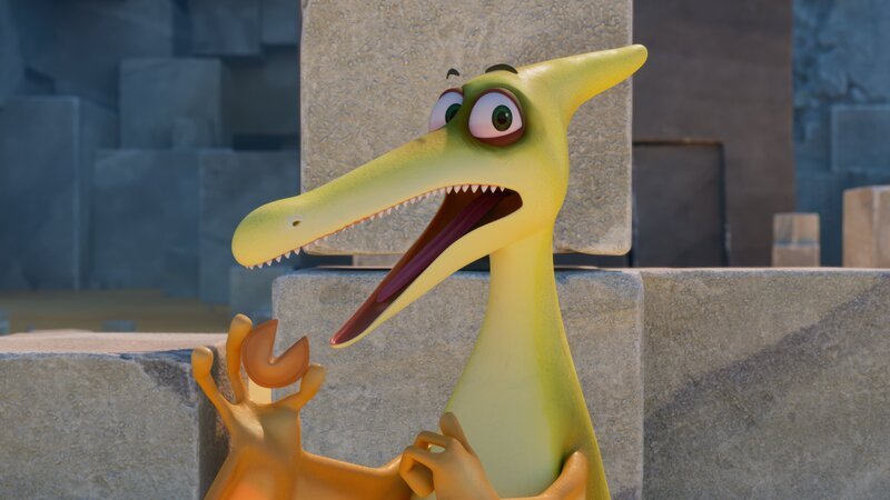 Nur weil der Flugsaurier Mühlstein einen Glückskeks isst, ist er noch kein Hellseher. – Bild: M.A.R.K.13 /​ TRIKK17 /​ ZDF /​ Fabrique d’image