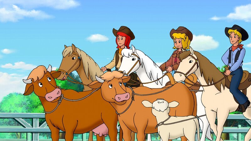 Bibi (M.), Tina (l.) und Tim (r.) trainieren für das große Westernturnier. – Bild: ZDF/​Kiddinx – Berlin