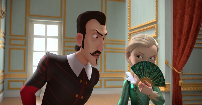 Richelieu (l.) und Milady (r.) hecken einen fiesen Plan aus und bringen den König in Verlegenheit. – Bild: Method Animation – Paloma /​ ZDF