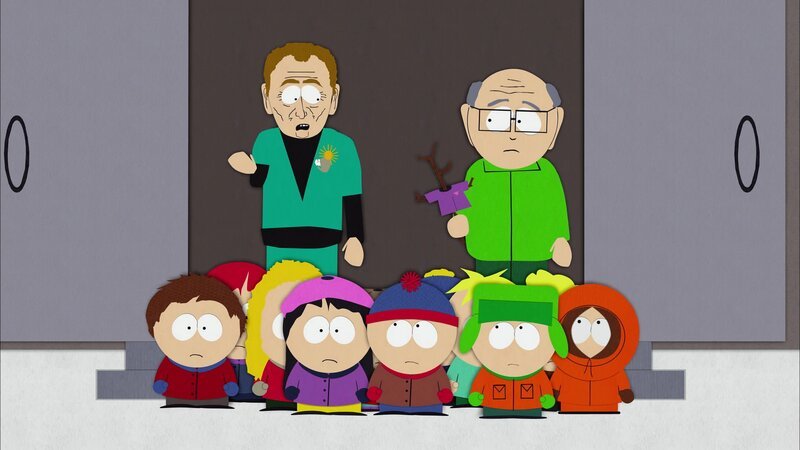 Hinter, l-r: Dr. Tristan Adams, Mr. Garrison. Vorne, l-r: Clyde, Bebe, Wendy, Stan, Kyle, Kenny – Bild: Comedy Central