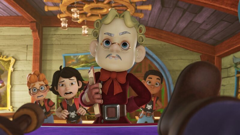 Der Schulinspektor (2.v.r.) macht ernst und feuert Käpt’n Raubein wegen unerlaubter Streiche von der Academy. Alexander (l.), Zoe (2.v.l.) und Finn (r.) sind entsetzt. – Bild: ZDF und Method Animation – Mediawan kids & family