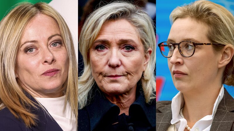 Drei „rechte Frauen“: Giorgia Meloni (l.), Marine Le Pen (M.) und Alice Weidel (r.). „Terra X History“ zeigt ein Portrait der Politikerinnen. – Bild: AFP, EPA, DPA /​ ZDF