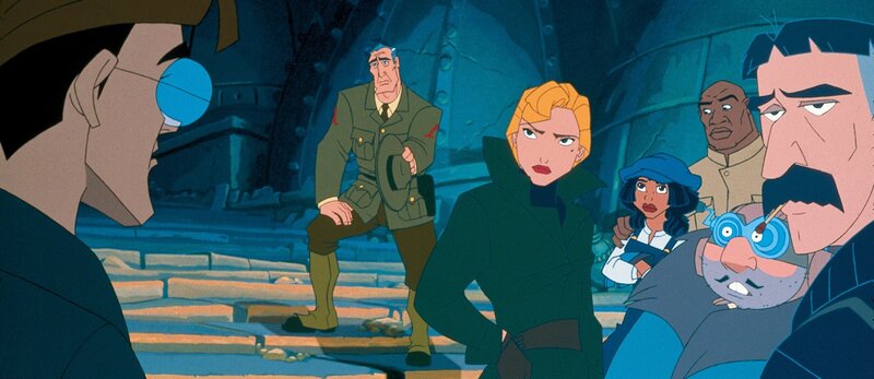 Milo (li.) und sein Team werden von Expeditionsführer Rourke (hi.) und seiner Assistentin (3.v.li.) zur Mitarbeit gezwungen. – Bild: DISNEY