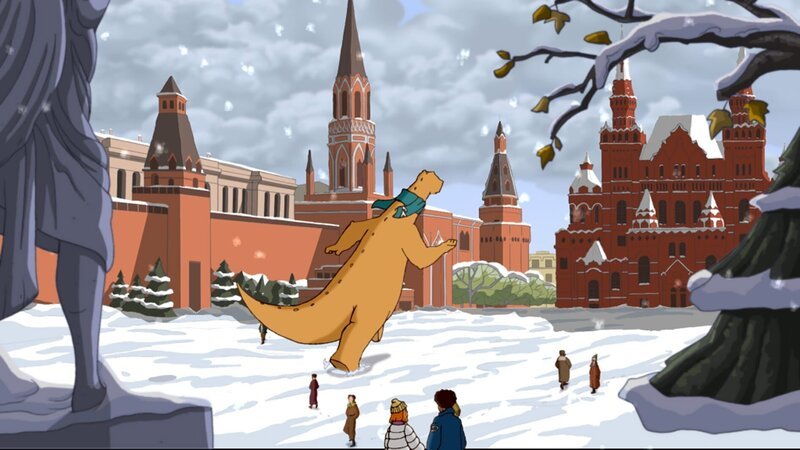 „Tom“, „Tom in Moskau.“ Im Moskauer Zoo sind drei weiße sibirische Tigerbabys zur Welt gekommen. Mrs. Hamiltons Zirkus bekommt eines der Jungen geschenkt. Während sich Dinosaurier Tom mit dem putzigen Sascha anfreundet, hegt Bösewicht Carter bereits eifrig Pläne, die beiden einzufangen. – Bild: ZDF