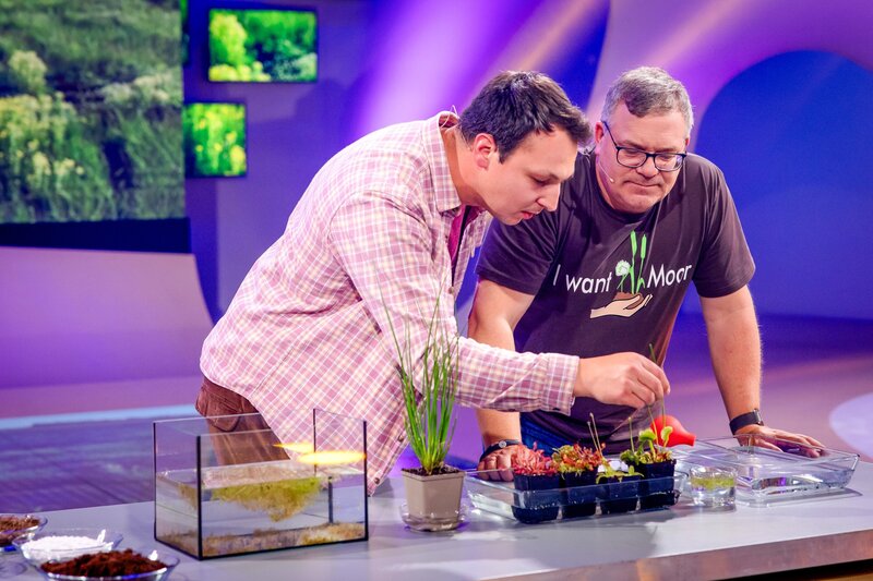 Experte Tim Biking (l.) zeigt Elton (r.) und der Zuschauenden verschiedene fleischfressende Pflanzen. – Bild: ORF/​ZDF/​Nadine Rupp