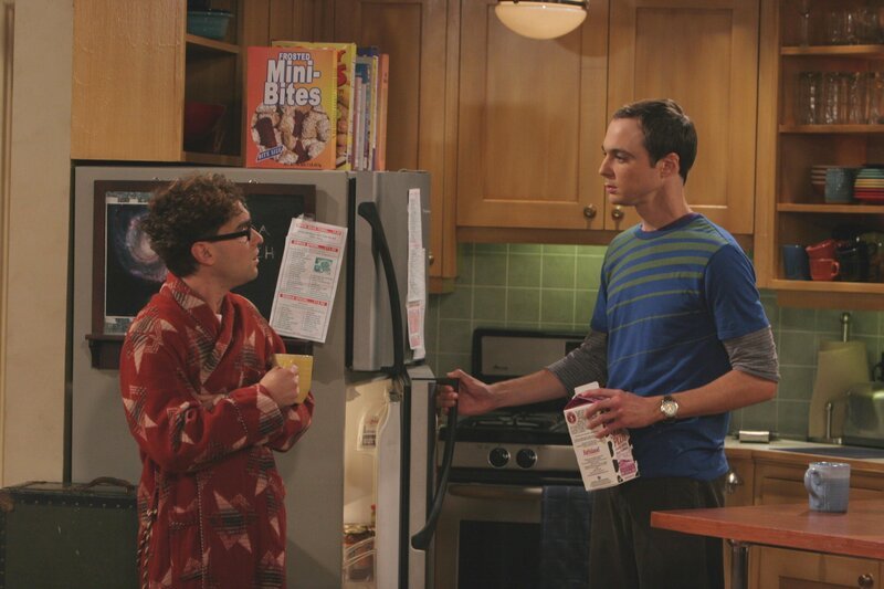 Nach der nächtlichen Aufräumaktion von Sheldon (Jim Parsons, r.) ist Penny stinksauer. Leonard (Johnny Galecki, l.), der sich in Penny verliebt hat, hofft, dass sie ihnen verzeihen wird … – Bild: © Warner Bros. Television