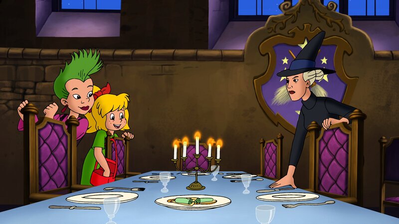 Bibi und Schubia müssen handeln. Es gelingt ihnen, die böse Hexe Xantboso auszutricksen. – Bild: ZDF/​Kiddinx-Berlin