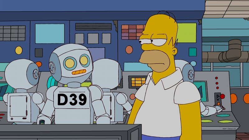 Homer (r.) versucht, sich mit seinen neuen Kollegen, den Robotern, anzufreunden, jedoch ohne Erfolg … – Bild: FOX BROADCASTING /​ RTL /​ TCFFC