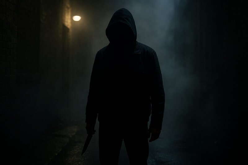 Eine schattenhafte Gestalt steht in einer schwach beleuchteten Gasse, teilweise vom Nebel und der Dunkelheit verdeckt. Das Gesicht der Person ist verborgen, und ihre Haltung ist zweideutig – weder bedrohlich noch friedlich. Die Atmosphäre ist angespannt, aber nicht offen gewalttätig, was den Betrachter über die Absichten der Figur im Unklaren lässt. – Bild: Copilot