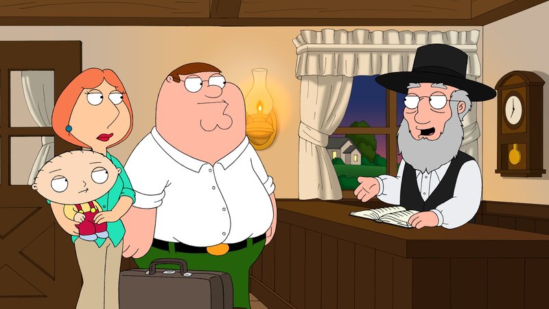 Als Lois (hinten l.), Peter (2.v.r.), Stewie (vorne l.) und der Rest der Familie in einem Amish-Dorf übernachten müssen, sorgen sie dort für Chaos … – Bild: Twentieth Century Fox Film Corporation
