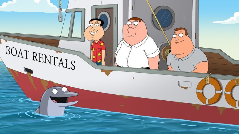 Als Quagmire (2.v.l.), Peter (2.v.r.) und Joe (r.) einen Mercedes vom Meeresgrund bergen wollen, kommt ihnen der Delfin Billy zu Hilfe … – Bild: Twentieth Century Fox Film Corporation