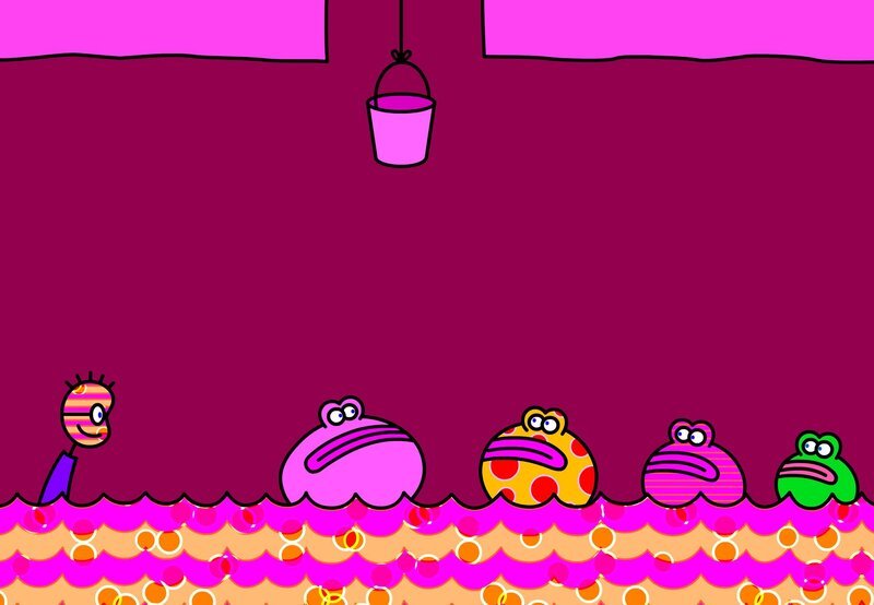 Im Brunnen seiner Mama trifft TOM auf lustige bunte Frösche. – Bild: SWR/​Hykade