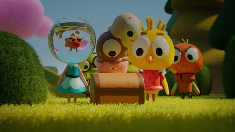 Was wohl der lang gesuchte Schatz ist? Goldie (links), Oggi (hinten links, Waffel (Mitte links), Karla (Mitte rechts) und Heinz (rechts) starren gespannt auf die gefundene Schatztruhe. – Bild: ZDF/​ DR, Sparre Production, GODO Films