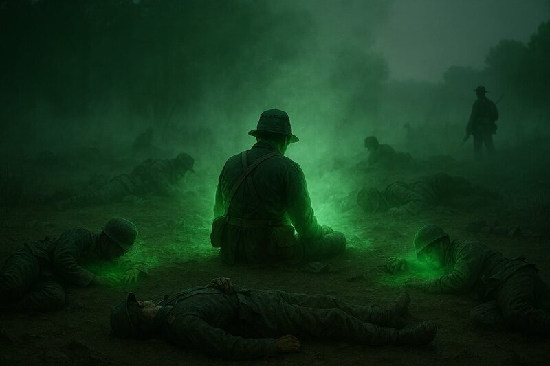 Ein dunkles Schlachtfeld aus der Zeit des Bürgerkriegs wird von einem geheimnisvollen grünen Leuchten erhellt. Das Licht scheint von einer unbekannten Quelle auszugehen und taucht die verwundeten Soldaten am Boden in einen ätherischen Schein. Ihre Gesichter sind durch Schatten, Helme oder abgewandte Positionen verborgen. Die Szene vermittelt ein Gefühl stillen Staunens, als ob das Leuchten eine unerklärliche heilende Kraft besitzt. – Bild: Copilot