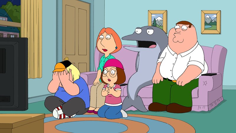 (v.l.n.r.) Chris Griffin; Lois Griffin; Meg Griffin; Delfin Billy; Peter Griffin – Bild: Twentieth Century Fox Film Corporation