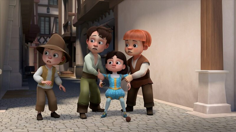 König Louis XIII (2. von rechts) trifft in Paris auf Grand Pierre (links), Philippot (2. von links) und Fourchette (rechts), die ihn erkennen und unter ihre Fittiche nehmen – denn in Paris lauern Gefahren für den König. – Bild: ZDF/​Method Animation/​Palomar/​ZDF Studios