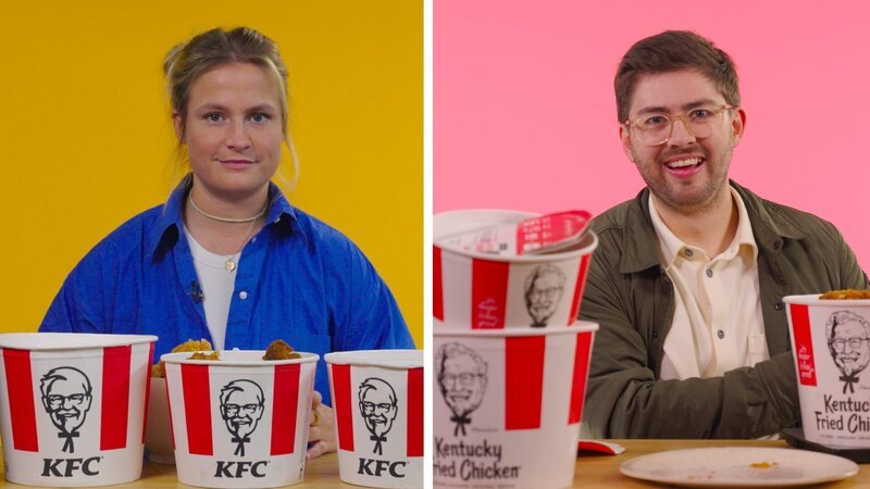 Deutschland versus USA: Wo liegen die Unterschiede und wo steckt mehr im Eimer? Lilly Temme und Florian Reza vergleichen das deutsche und US-amerikanische Hähnchenangebot von KFC. – Bild: ZDF