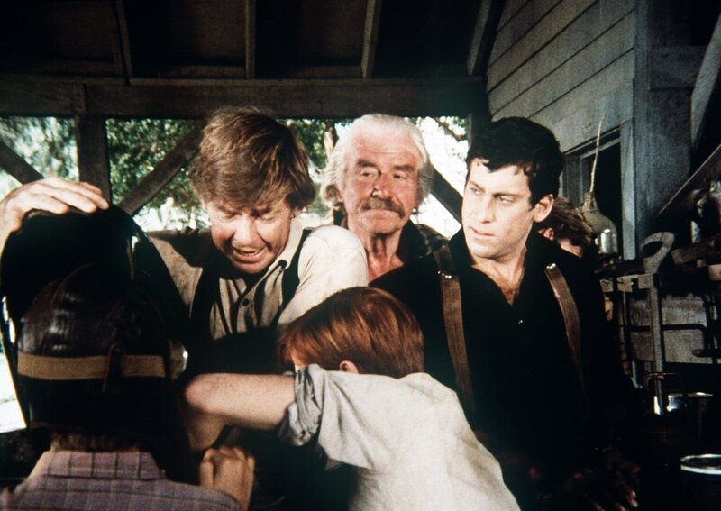 John (Ralph Waite, l.), Sam (Will Geer, 2.v.l.) und alle Walton-Jungen helfen dem Postflieger Todd Cooper (Michael Glaser, r.), sein Flugzeug wieder startklar zu machen. – Bild: Sat.1 Gold