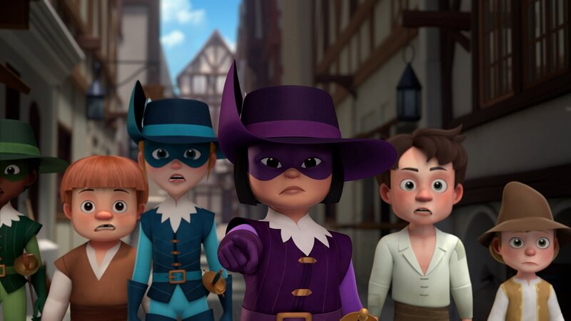 Die Musketiere (Porthos (3. von rechts), Athos, (3. von links) und Aramis (links)) und die Straßenjungs von Paris versuchen den Frieden in Frankreich zu retten. – Bild: ZDF/​Method Animation/​Palomar/​ZDF Studios