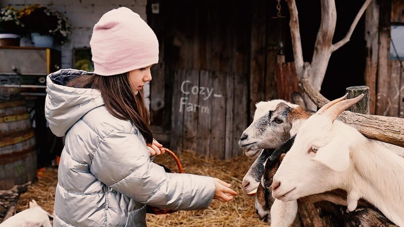 Alithea (7 Jahre) lebt mit ihrer Familie auf einer Ziegenfarm in einem kleinen Dorf in der Ukraine. Sie liebt es, sich auf dem Hof um die Tiere zu kümmern. – Bild: ZDF/​UA: PBC