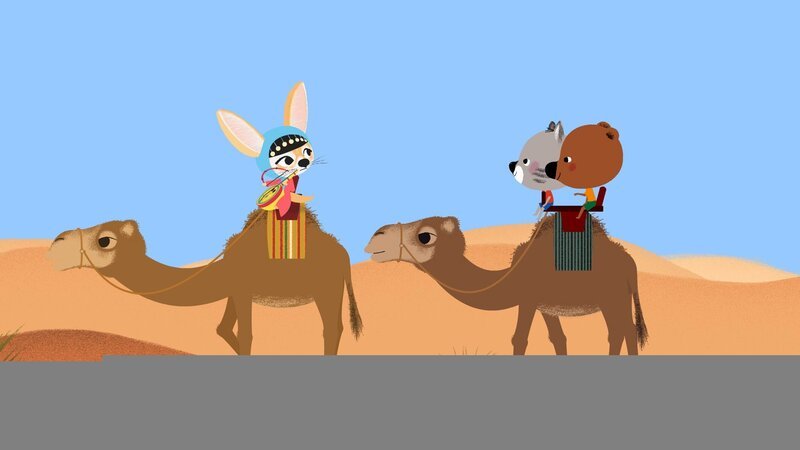 Mouk und Chavapa sind in Afrika, in der Sahara. Zusammen mit ihrer Freundin Aischa wollen sie zu einem Musikfestival mitten in der Wüste. – Bild: KiKA/​Millimages