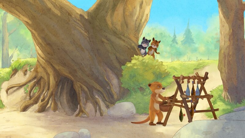 Hungrig beobachten die Kater wie Lukas seine Fische zum Trocknen aufhängt. – Bild: WDR/​Mediatoon