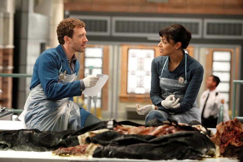 Hodgins (T.J. Thyne, l.) und Cam Saroyan (Tamara Taylor) untersuchen die Leiche eines Mannes, der anscheinend für den mysteriösen Inhalt seines Aktenkoffers ermordet wurde. – Bild: Fox and its related entities