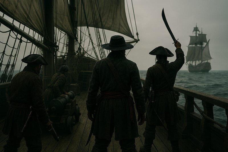 Während des Goldenen Zeitalters der Piraterie terrorisierten Tausende von Seeräubern die Weltmeere und wurden zu Legenden. Ihre Machenschaften brachten fantastische Geschichten über überlebensgroße Figuren, milliardenschwere Raubzüge und vergrabene Schätze hervor, die bis heute nicht gefunden wurden. Handelt es sich bei diesen Geschichten nur um Lügenmärchen, oder ist die Wahrheit noch seltsamer als die Fiktion? – Bild: Copilot