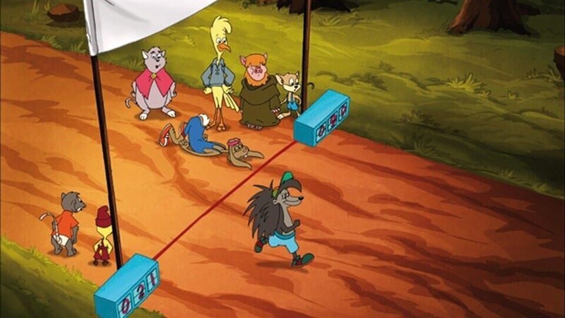 Harald, der Hase, fordert Albert, den schnellsten Igel der Welt, zu einem Wettrennen heraus. – Bild: Kinderkanal