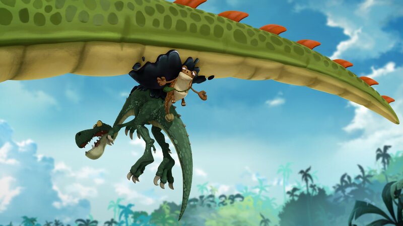 Mazu und Cror kleben gemeinsam an Gigantos Schwanz fest. – Bild: SUPER RTL