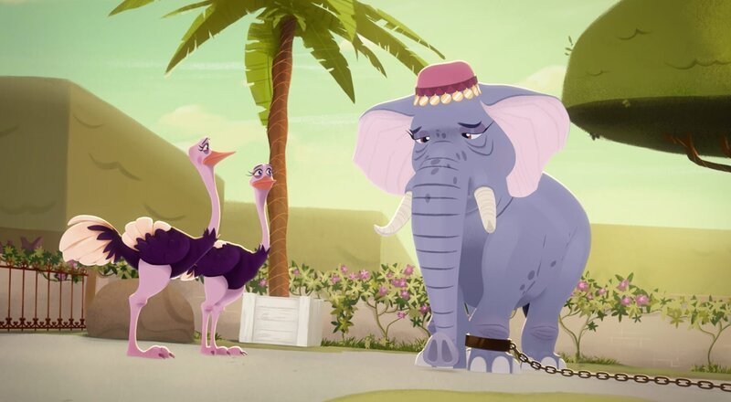 Die Elefantendame Madame Rosa ist gefesselt. Sie soll die Erbsen des Königs gegessen haben. – Bild: SWR/​Ellipse Anime Productions/​Belvision/​Dargaud Media/​RTBF