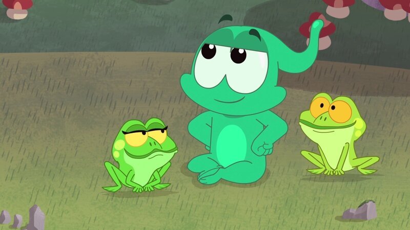 Ernest (M.) ist stolz, dass er zusammen mit Rebecca die Frösche aus der Schule befreit hat. Dass ihn dabei der Hausmeister der Schule für einen Mutanten-Frosch gehalten hatte, amüsiert ihn immer noch. – Bild: ZDF /​ Ernest & Rebecca /​ Media Valley