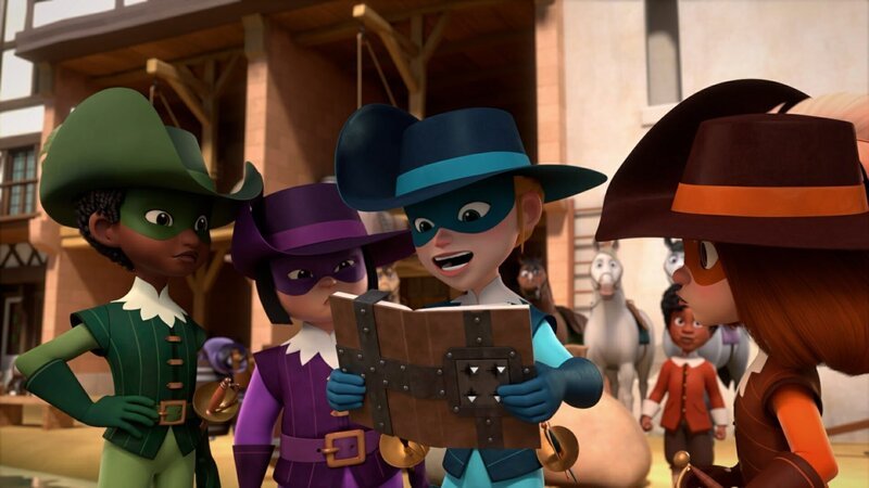 Endlich: Die Musketiere halten das verschollene Tagebuch in Händen und staunen nicht schlecht über den Inhalt. Athos (3. von rechts) liest laut daraus vor. – Bild: ZDF/​Method Animation/​Palomar/​ZDF Studios