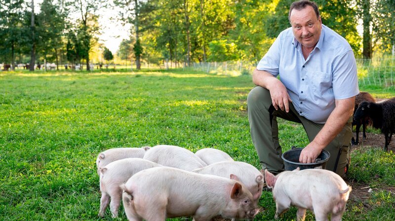 Ludger Bremehr bei den Ferkeln auf der Weide. – Bild: NDR/​WDR/​Melanie Grande
