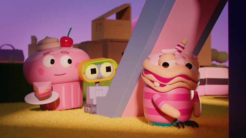 Weil niemand außer Robbie (Mitte) zu seiner Party gekommen ist, ist Othello (rechts) traurig. Seine Mama (links) versucht ihn mit einem Stück Torte zu trösten doch das hilft leider wenig. – Bild: ZDF/​ DR, Sparre Production, GODO Films