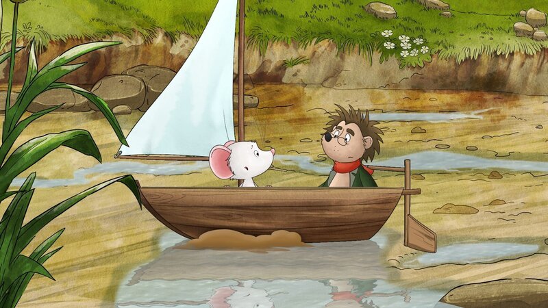 Wo ist das Wasser hin? Bei ihrer Bootsfahrt sitzen Rupert und Tilda plötzlich auf dem Trockenen. – Bild: KiKA/​Mideu Films