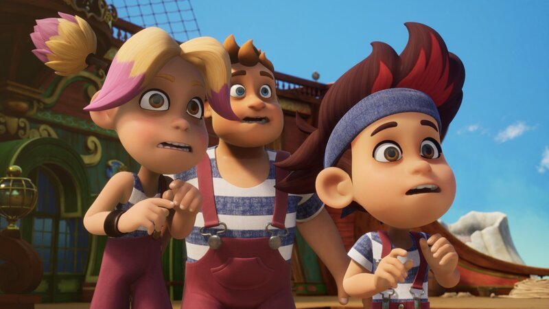 Die Schüler der Pirate Academy sehen am Himmel einen Vogelschwarm, dessen Formation aussieht wie ein Totenkopf. Gruselig! – Bild: ZDF und Method Animation – Mediawan kids & family