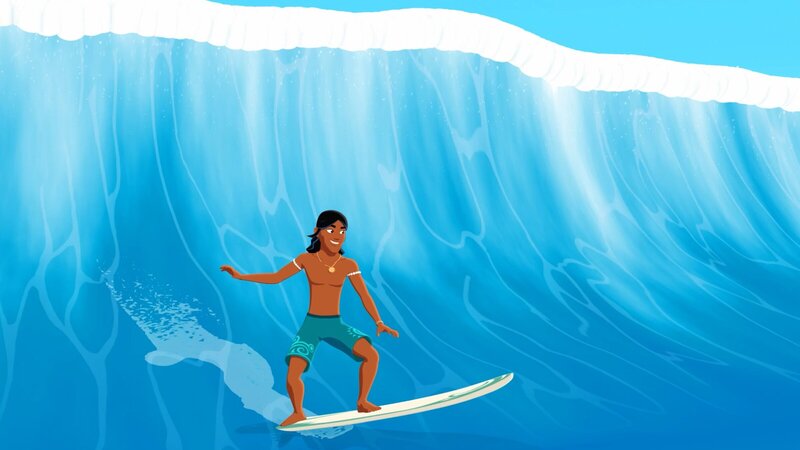 Auru surft vor der Küste der Insel Maotou. Kurz darauf begegnen er und sein Freund Yann einem verletzten Hai. – Bild: ZDF und Media Valley /​ Marzipan Films